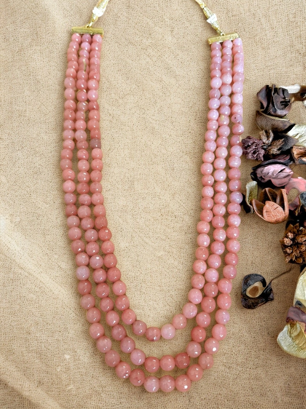 Radhika Beaded 3 layer Necklace - 50 cms Longest, Varients of Light Pink, 128 gms