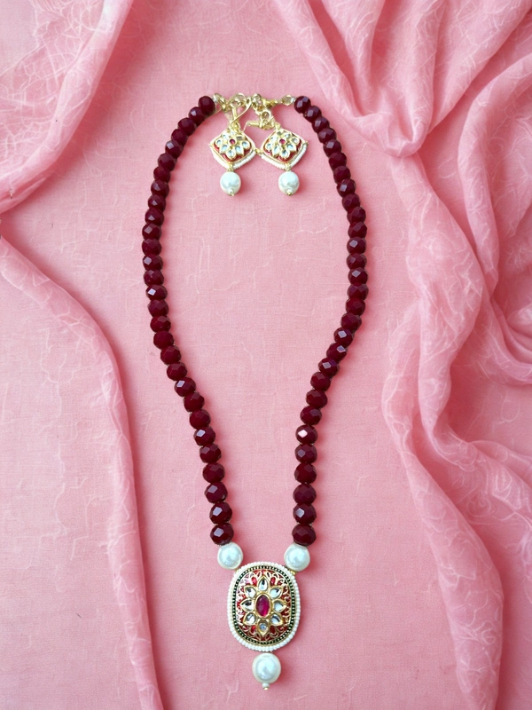 Radhika Beaded Crystal Necklace - 47 cms, Maroon, 46 gms
