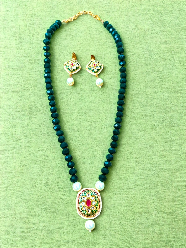 Radhika Beaded Crystal Necklace - 47 cms, Dark Green, 46 gms