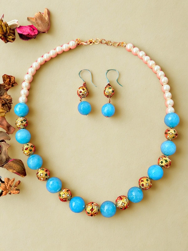 Radhika Beaded Pearl Necklace - 53 cms, Light blue & White with Golden Beads, 84 gms
