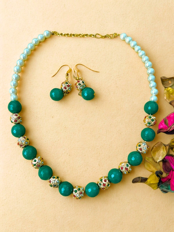 Radhika Beaded Pearl Necklace - 53 cms, Dark Green & White with Golden Beads, 84 gms