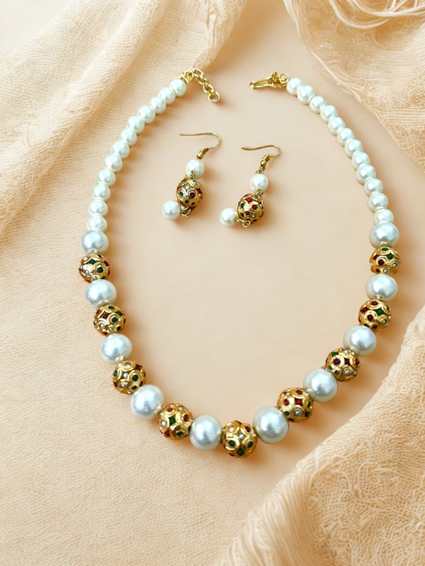Radhika Beaded Pearl Necklace - 53 cms, White Pearls with Golden Beads, 84 gms