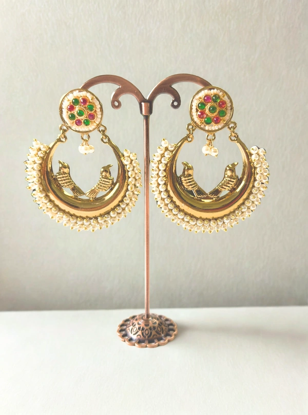 Radhika Chandbali - 7 cms, White with Red & Green stones, 40 gms