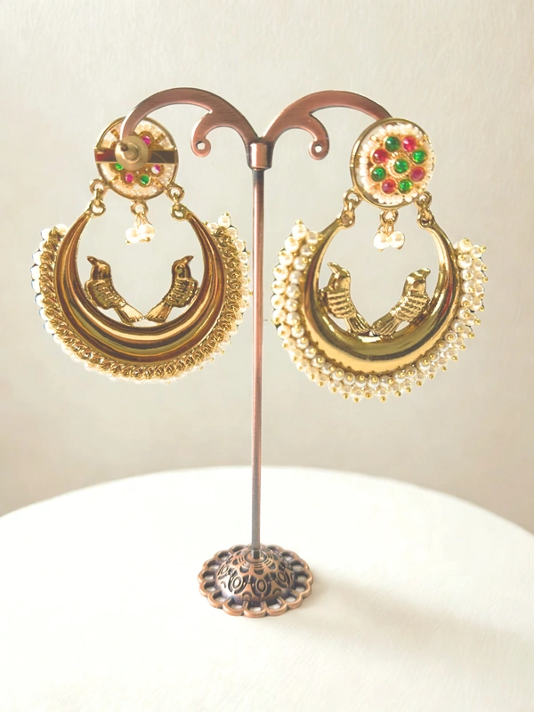 Radhika Chandbali - 7 cms, White with Red & Green stones, 40 gms