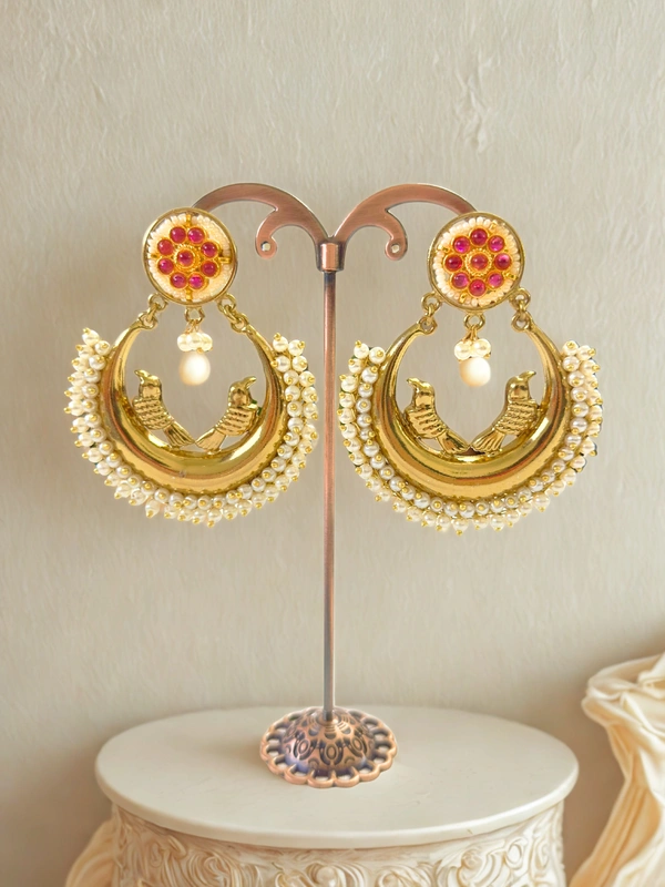 Radhika Chandbali - 7 cms, White with Red stones, 40 gms