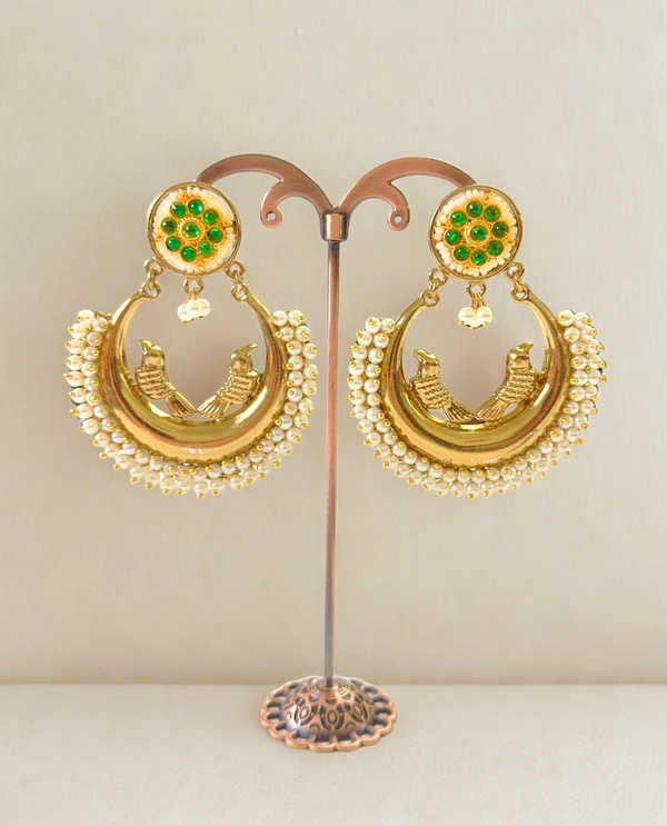 Radhika Chandbali - 7 cms, White with Green stones, 40 gms