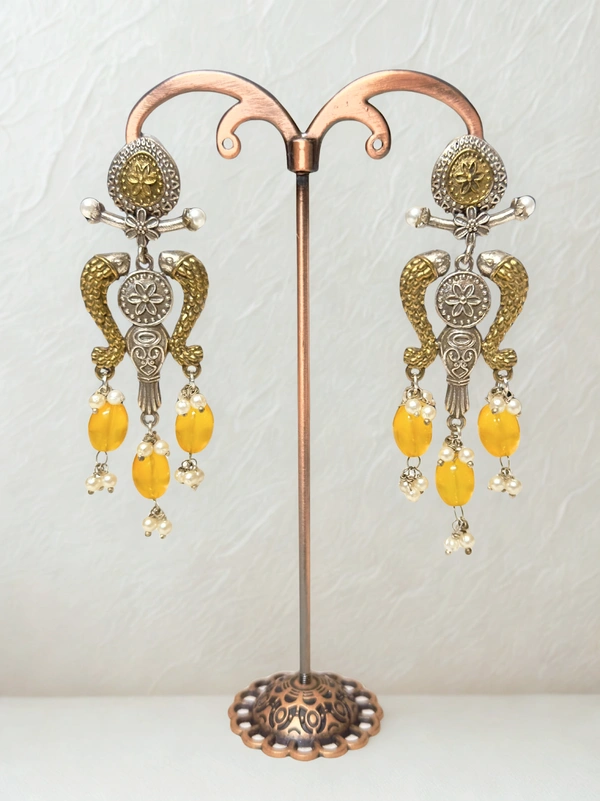 Radhika Danglers - 8 cms, Gold & Silver Oxidised with Yellow Beads, 24 gms