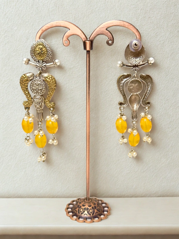 Radhika Danglers - 8 cms, Gold & Silver Oxidised with Yellow Beads, 24 gms