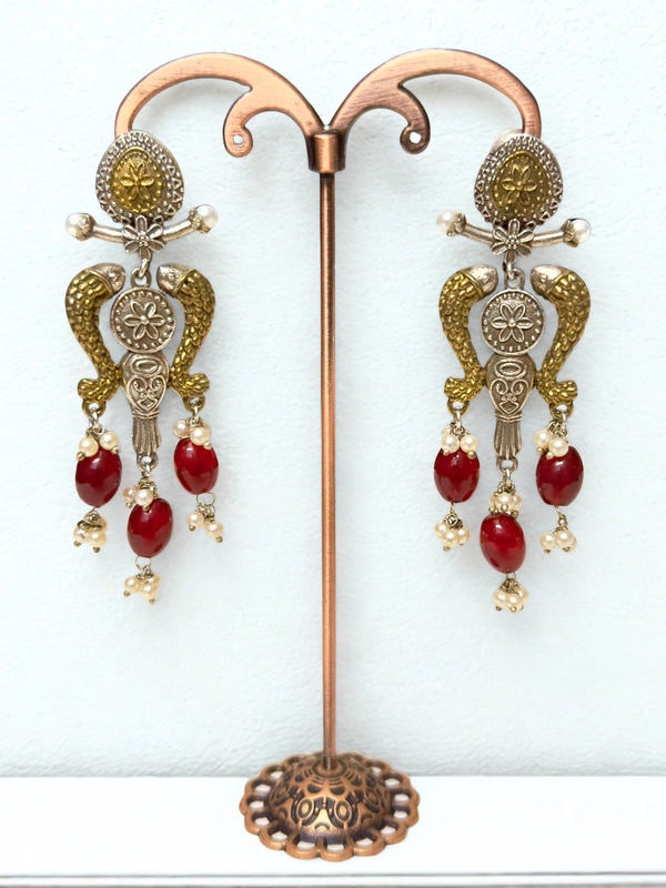 Radhika Danglers - 8 cms, Gold & Silver Oxidised with Maroon Beads, 24 gms