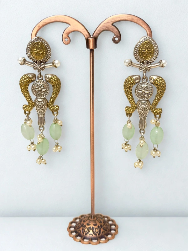Radhika Danglers - 8 cms, Gold & Silver Oxidised with Mint Beads, 24 gms