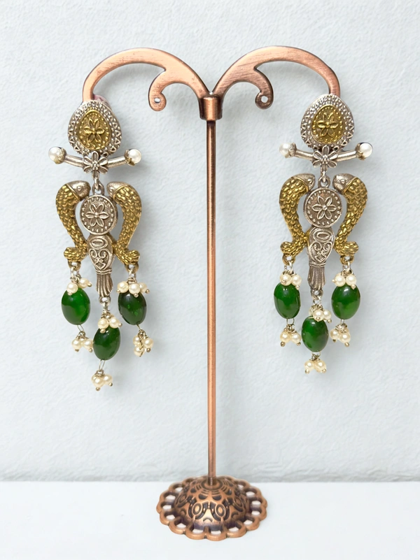 Radhika Danglers - 8 cms, Gold & Oxidised with Dark Green Beads, 24 gms