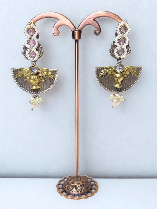 Radhika Danglers - 7 cms, Gold & Oxidised with Pink Stones, 22 gms