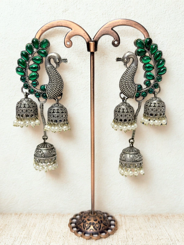 Radhika Danglers - 9 cms, Oxidised with Dark Green Stones, 42 gms