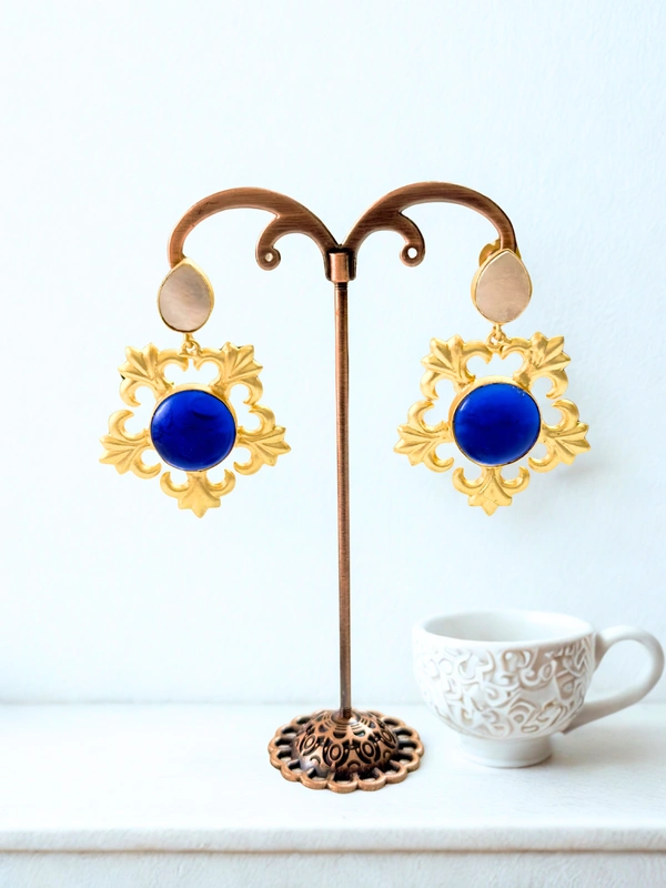 Radhika Danglers - 5 cms, Gold and Dark Blue Stones, 18 gms