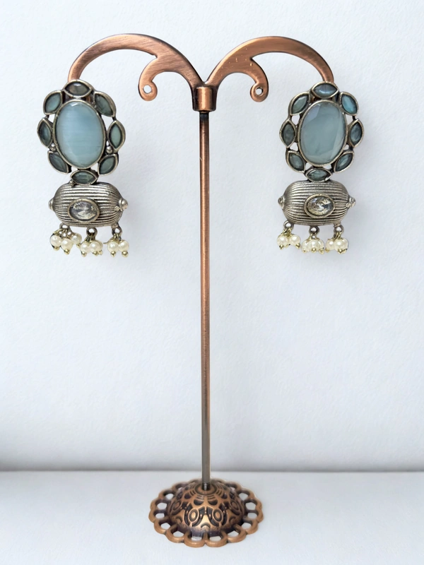 Radhika Danglers - 4 cms, Oxidised & Aqua Stones, 18 gms