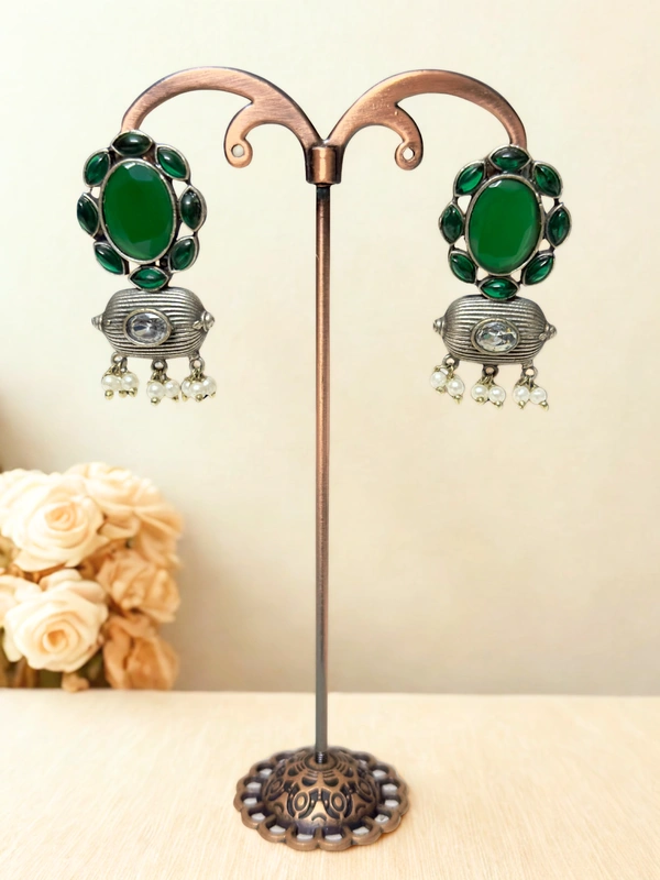 Radhika Danglers - 4 cms, Oxidised & Dark Green Stones, 18 gms
