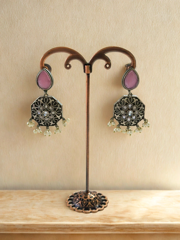 Radhika Danglers - 6 cms, Oxidised & Dark Pink Stones, 16 gms