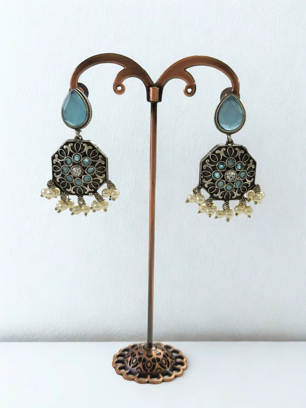 Radhika Danglers - 6 cms, Oxidised & Aqua Stones, 16 gms