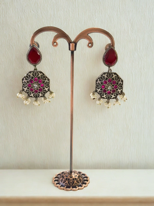 Radhika Danglers - 6 cms, Oxidised & Maroon Stones, 16 gms