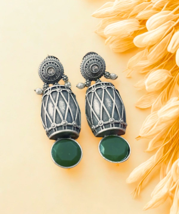 Radhika Danglers - 5 cms, Oxidised & Green Stone, 17 gms