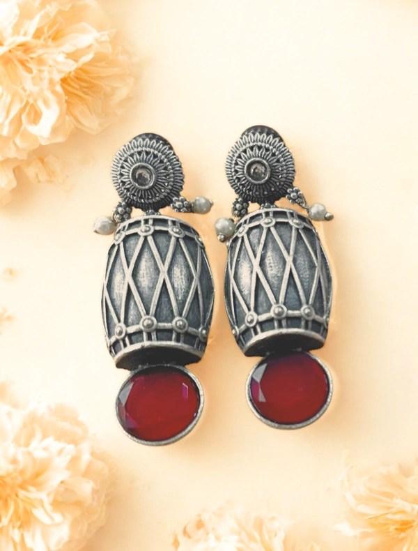Radhika Danglers - 5 cms, Oxidised & Maroon Stone, 17 gms