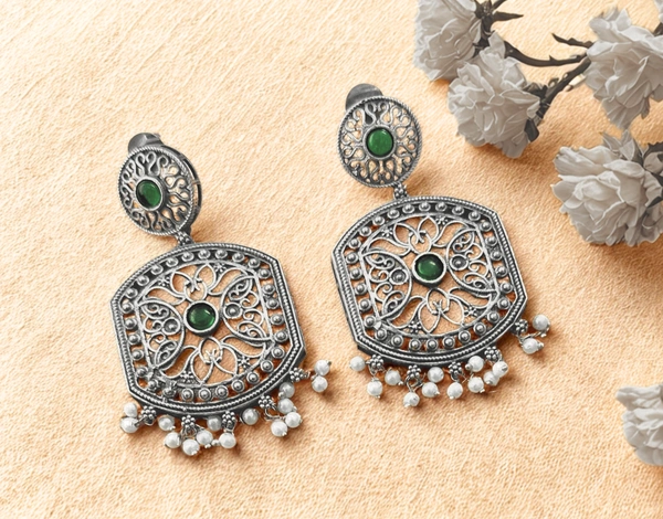Radhika Danglers - 7 cms, Oxidised & Green Stone, 23 gms