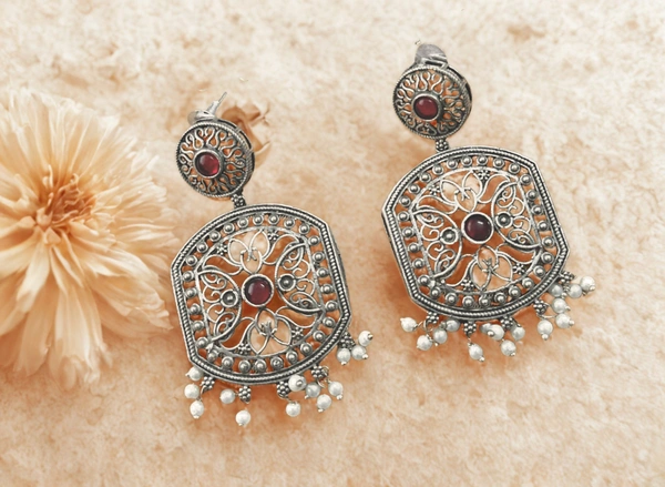 Radhika Danglers - 7 cms, Oxidised & Maroon Stone, 23 gms