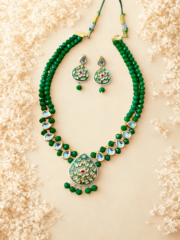 Radhika Double Layer Colored Kundan Necklace Set - 52 cms, White Kundan & Green Crystal Beads, 106 gms