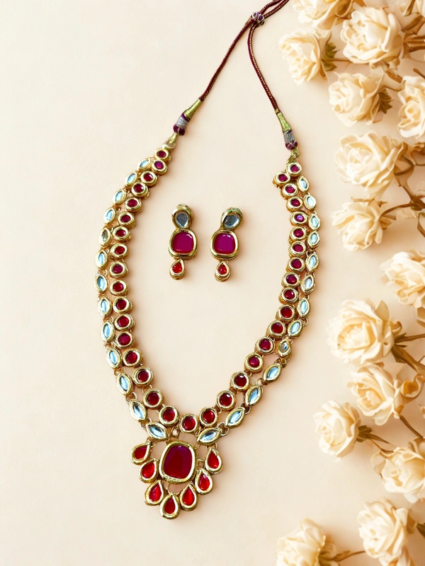 Radhika Double Layer Colored Kundan Necklace Set - 44 cms, White & Red, 110 gms