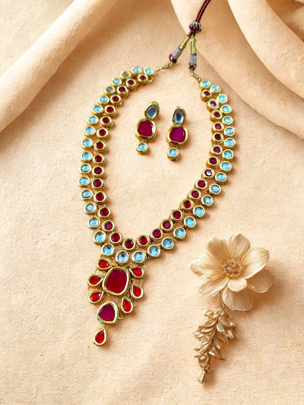 Radhika Double Layer Colored Kundan Necklace Set - 48 cms, White & Red, 113 gms