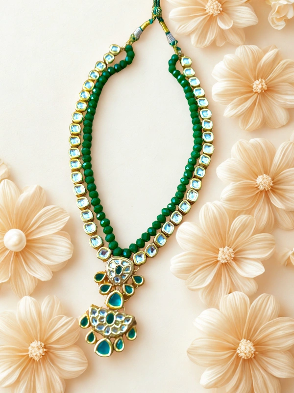 Radhika Double Layer Colored Kundan Necklace Set - 58 cms, White Kundan & Green Crystal Beads, 130 gms