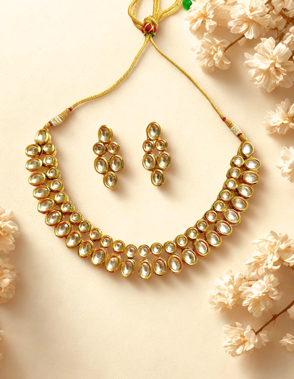 Radhika Double Layer Plain Kundan Necklace Set - 23 cms, White, 81 gms