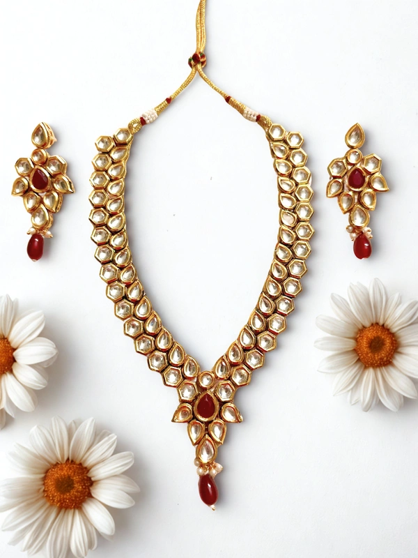 Radhika Double Layer Plain Kundan Necklace Set - 32 cms, White & Maroon Stone in Pendant, 111 gms