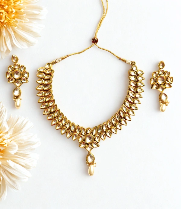 Radhika Double Layer Plain Kundan Necklace Set - 26 cms, White, 117 gms