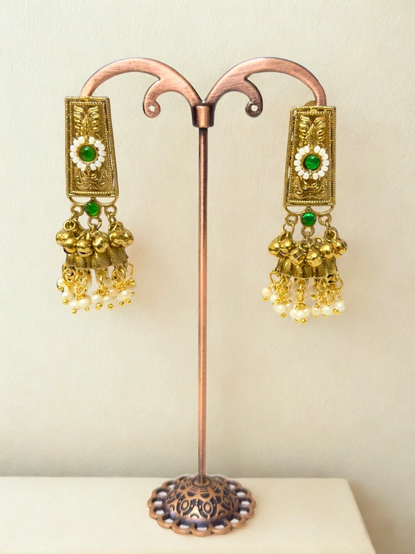Radhika Jhumkas - 6 cms, Gold & Green Stone, 25 gms