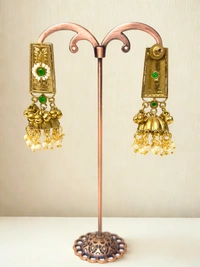 Radhika Jhumkas - 6 cms, Gold & Green Stone, 25 gms