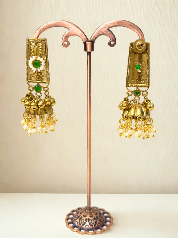 Radhika Jhumkas - 6 cms, Gold & Green Stone, 25 gms