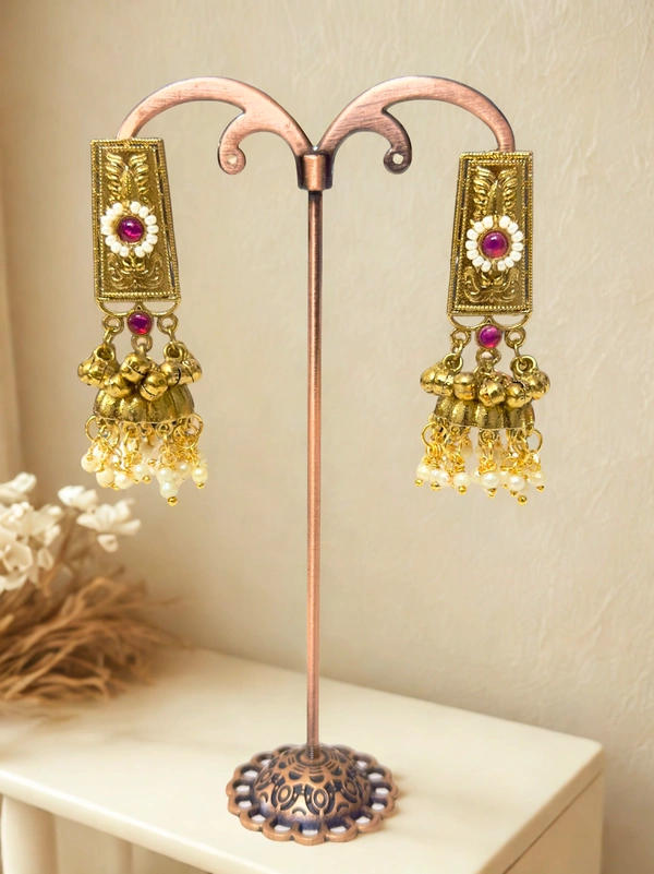 Radhika Jhumkas - 6 cms, Gold & Maroon Stone, 25 gms