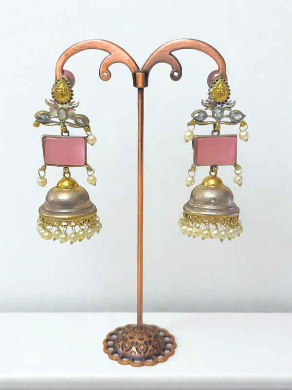 Radhika Jhumkas - 7 cms, Oxidised & Pink Stones, 32 gms