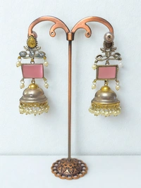 Radhika Jhumkas - 7 cms, Oxidised & Pink Stones, 32 gms