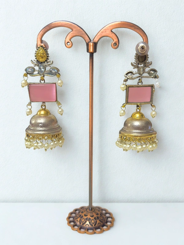 Radhika Jhumkas - 7 cms, Oxidised & Pink Stones, 32 gms