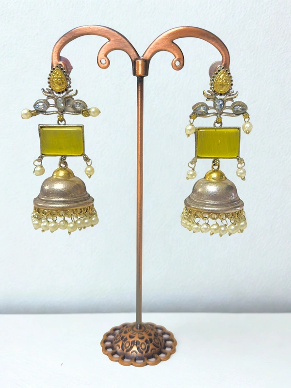 Radhika Jhumkas - 7 cms, Oxidised & Yellow Stones, 32 gms