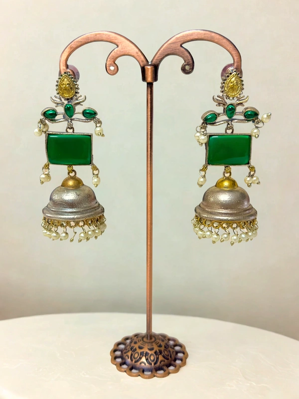 Radhika Jhumkas - 7 cms, Oxidised & Green Stone, 32 gms