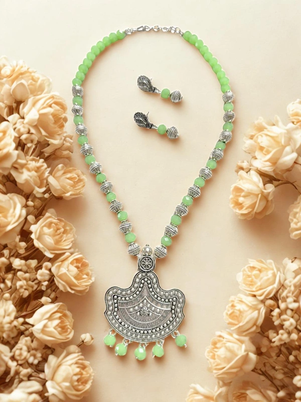 Radhika Metal and Crystal Beads Necklace Set - 58 cms, Light Green, 86 cms