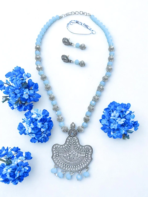 Radhika Metal and Crystal Beads Necklace Set - 58 cms, Light Blue, 86 cms