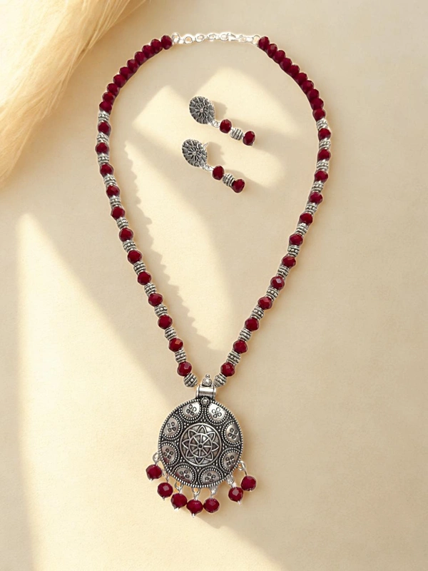 Radhika Metal and Crystal Beads Necklace Set - 60 cms, Maroon, 60 cms