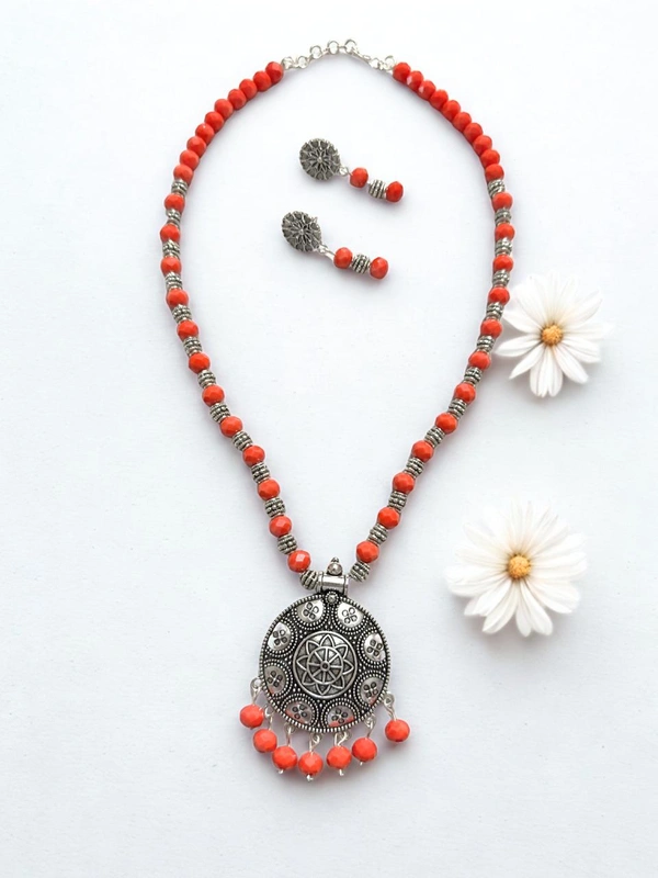 Radhika Metal and Crystal Beads Necklace Set - 60 cms, Orange, 60 cms