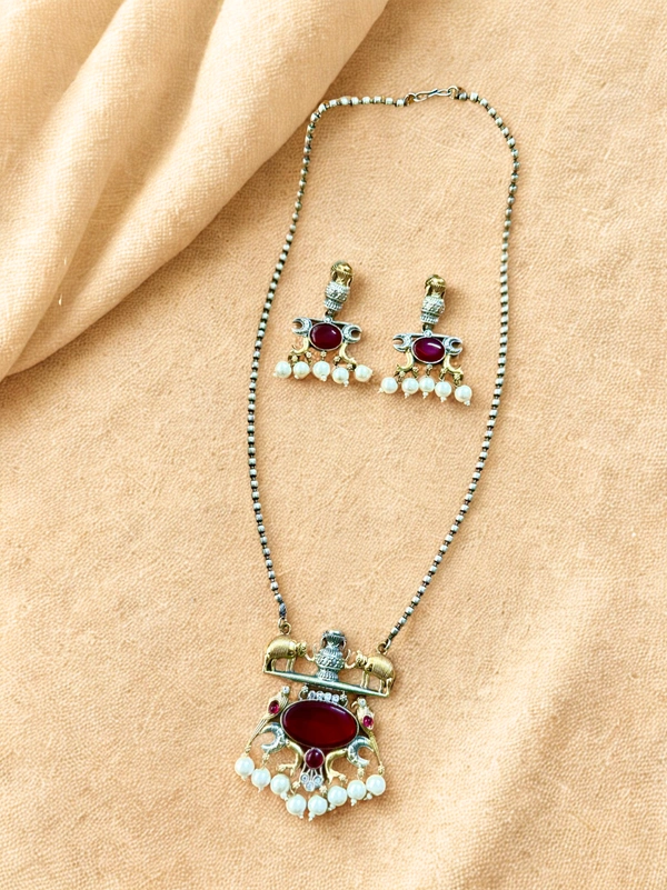 Radhika Metal Necklace Sets - 48 cms, Maroon Pendant, Oxidised Chain, 51 gms