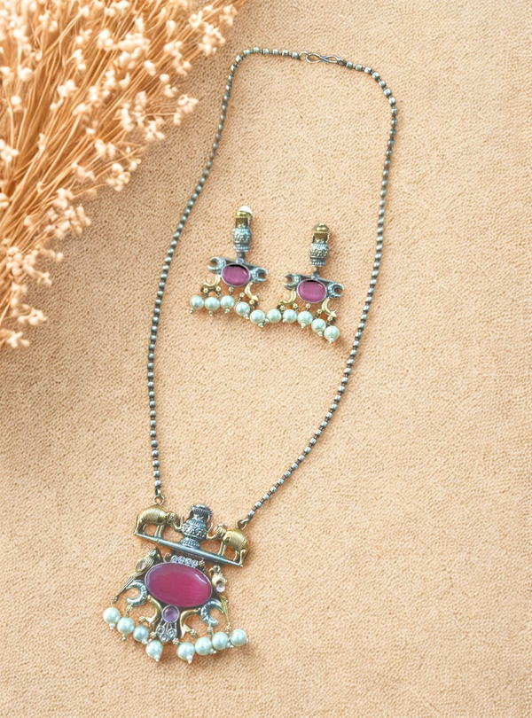 Radhika Metal Necklace Sets - 48 cms, Dark Pink Pendant, Oxidised Chain, 51 gms