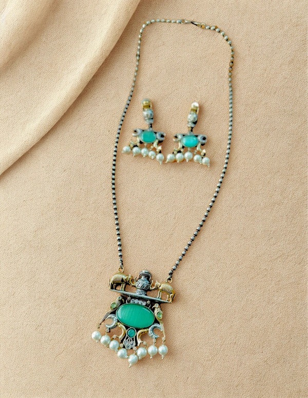 Radhika Metal Necklace Sets - 48 cms, Mint Pendant, Oxidised Chain, 51 gms